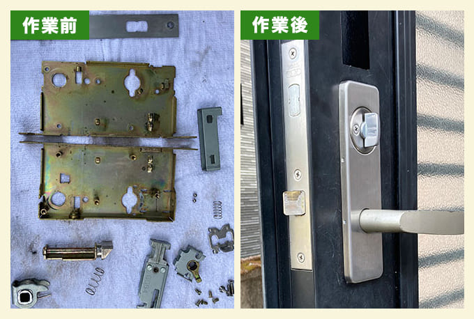 不具合による玄関ドアの錠ケースの分解・洗浄・注油作業