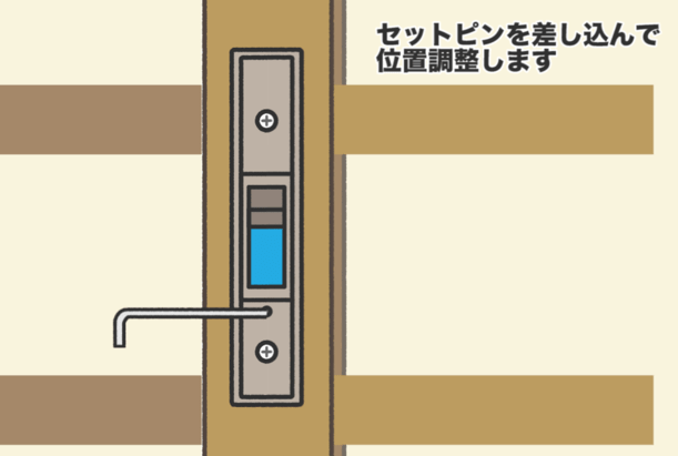 9.セットピンを室内側の錠前の穴に差し込み、室外側の錠前に貫通させる