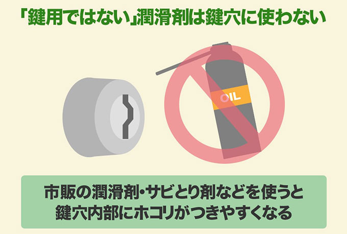 鍵穴に市販の潤滑剤をさすと鍵穴内部の汚れが悪化することがある
