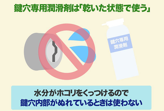 鍵穴に水分が入っている状態で鍵穴専用潤滑剤をさすとホコリが付きやすくなる