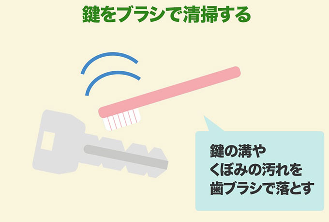 鍵の汚れをブラシで落とす