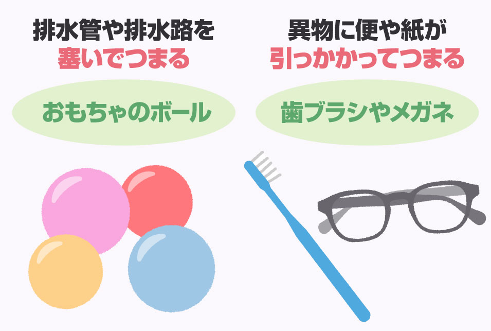 歯ブラシやめがねに紙や便が引っかかってつまりが起こる