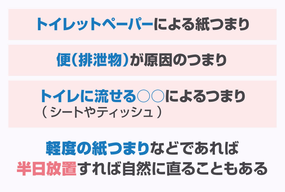 軽度の紙・便つまりなら半日程度放置すれば自然に直る可能性あり
